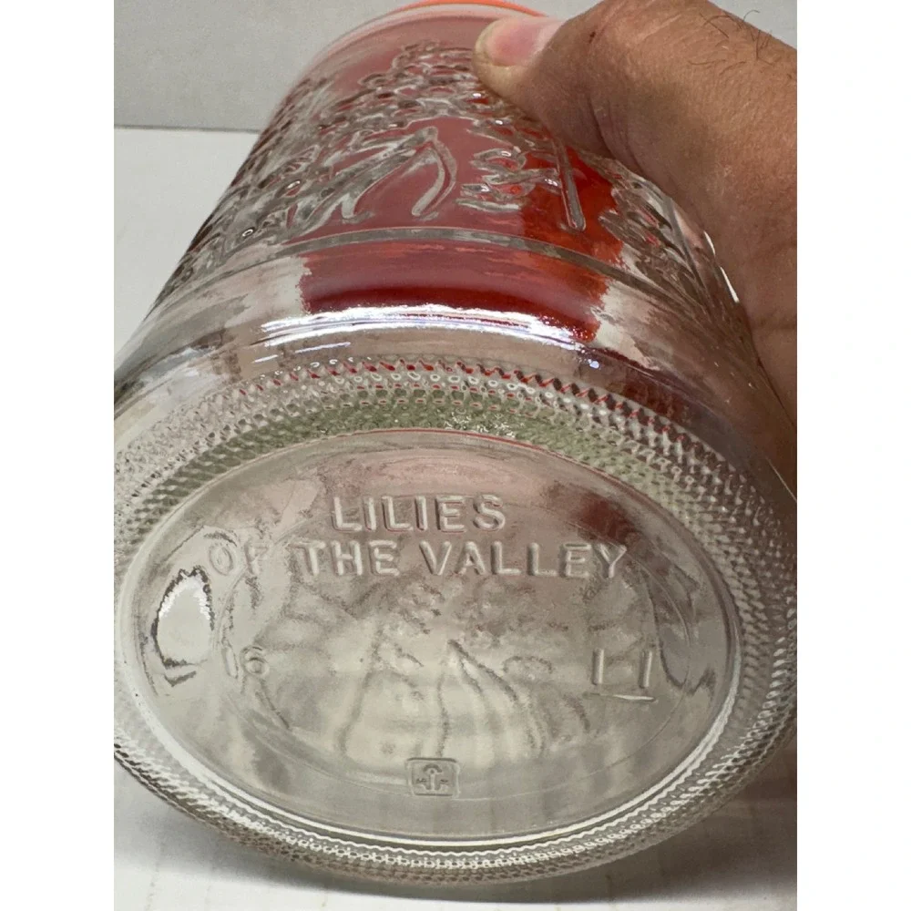 Vintage Anchor Hocking Lilies of the Valley Glass Canister Orange Lid Retro 70s